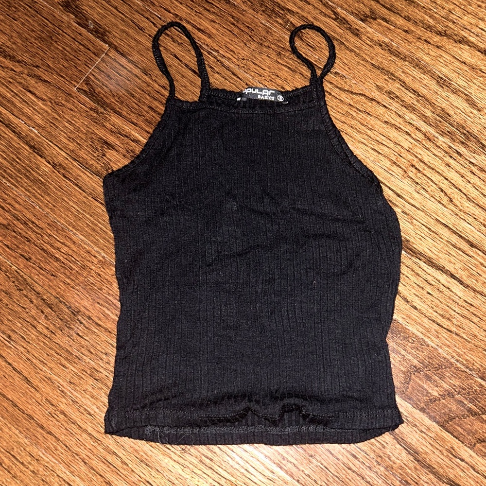 popular basics spaghetti strap black ribbed tank top